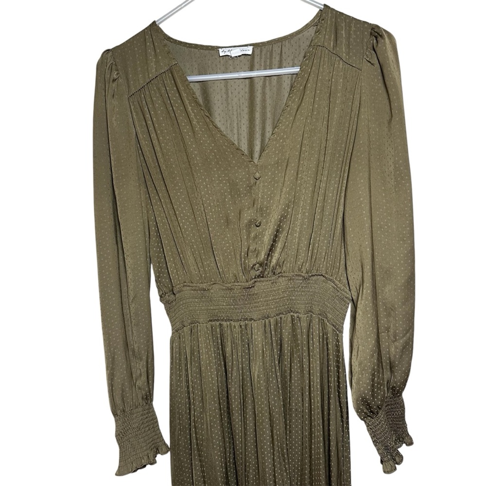 By The River Olive Green Swiss Dot Midi Dress Women's Size L Long Sleeve